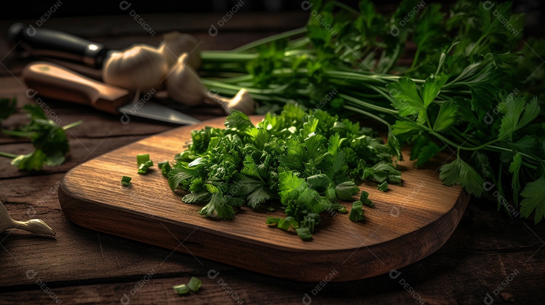 Cheiro verde picados em tábua de madeira