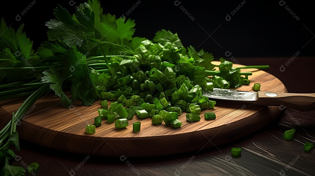 Cheiro verde picados em tábua de madeira