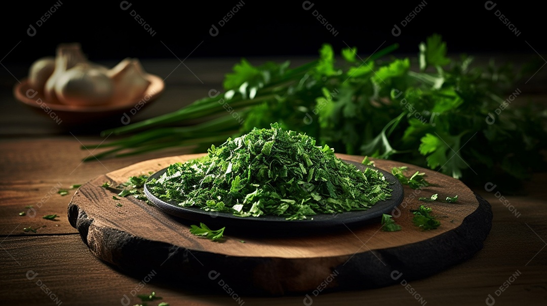 Cheiro verde picados em tábua de madeira