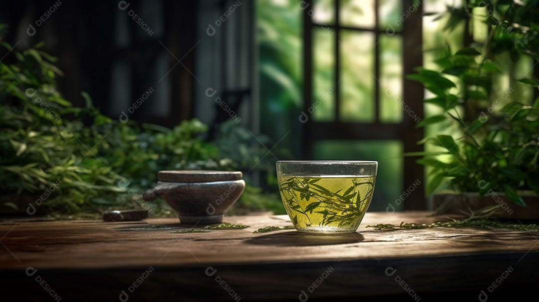 Xícara com chá verde sobre mesa de madeira