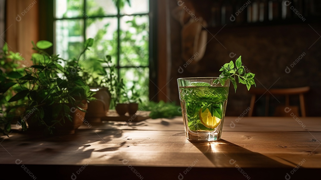 Copo com chá verde sobre mesa de madeira