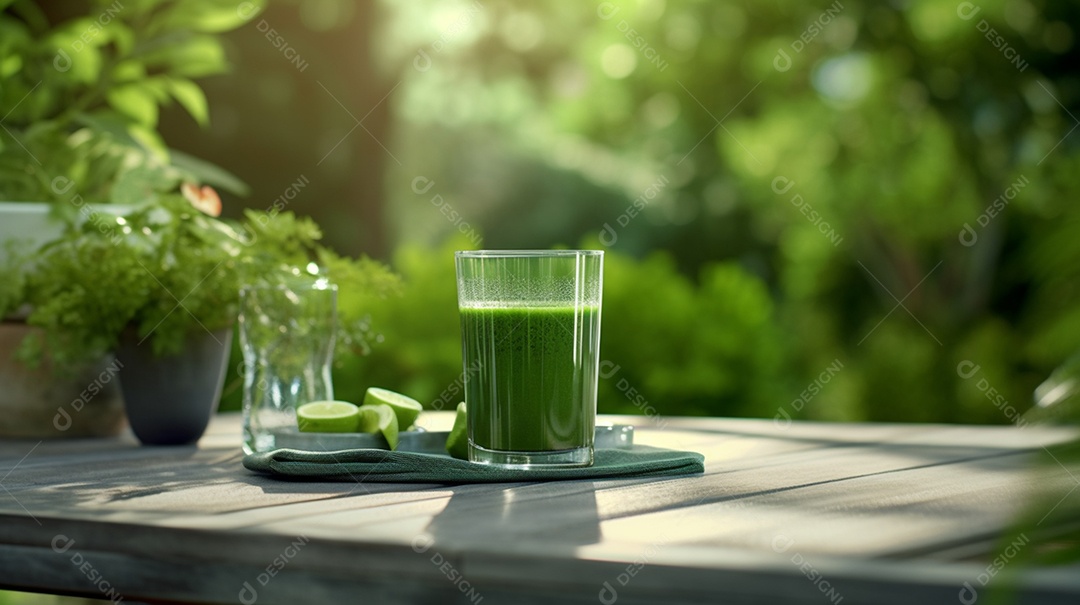 Copo com suco verde sobre tábua de madeira