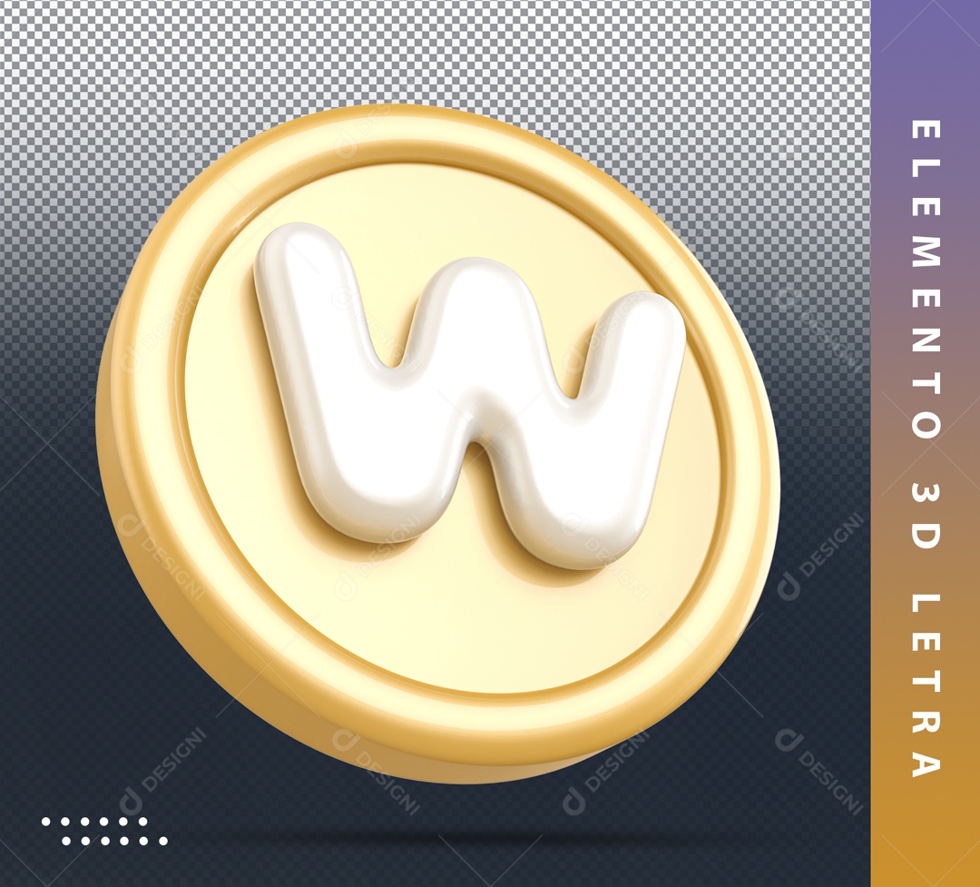 Elemento 3D Circular Dourado Letra W Branca Para Composição PSD