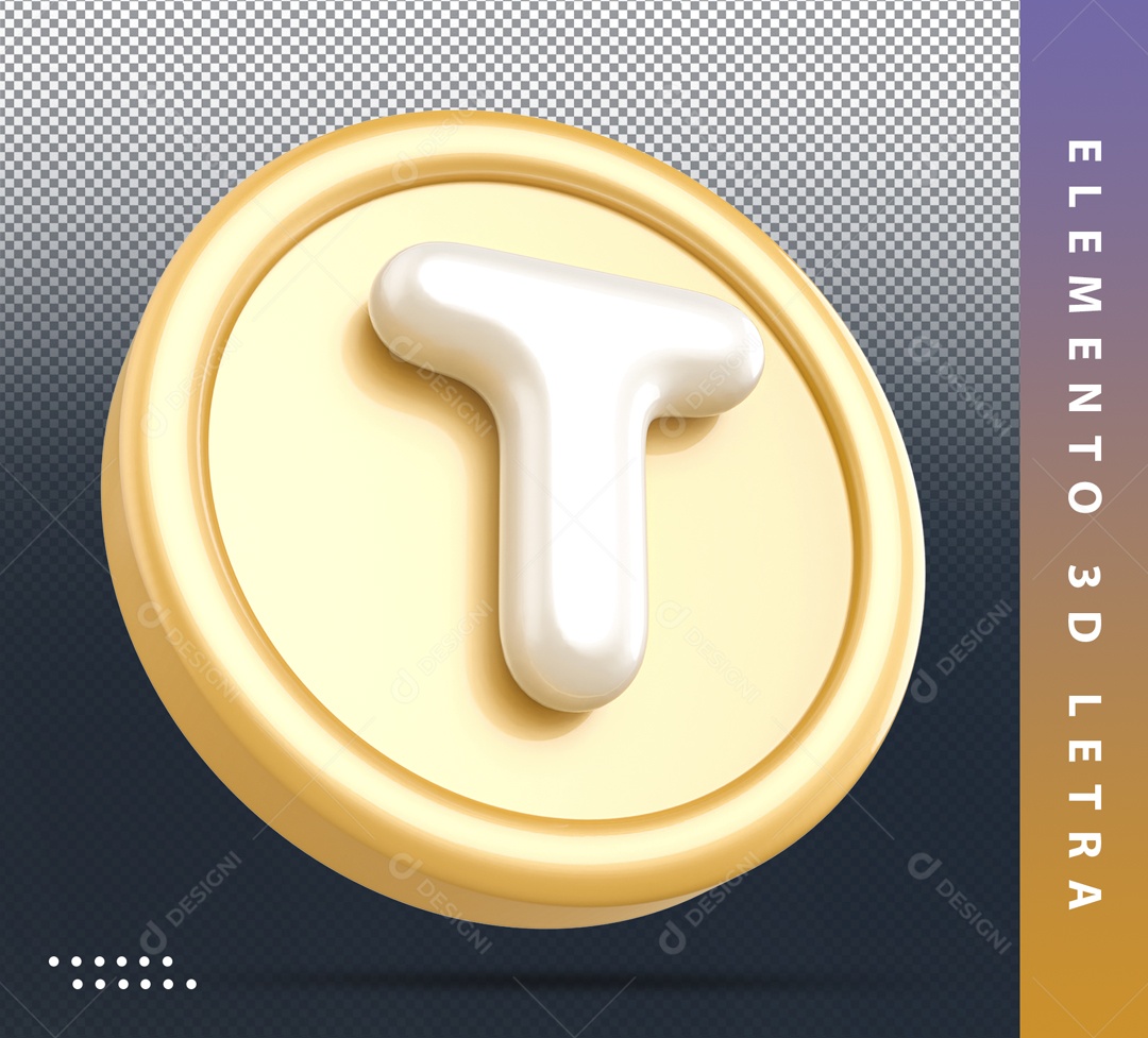 Elemento 3D Circular Dourado Letra T Branca Para Composição PSD
