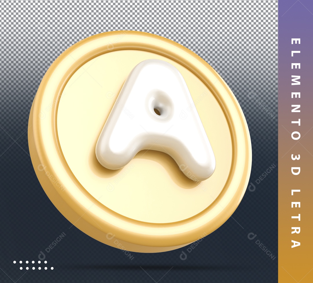 Elemento 3D Circular Dourado Letra A Branca Para Composição PSD