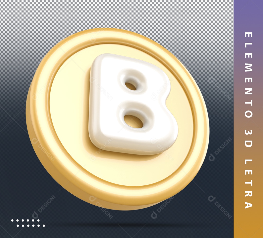 Elemento 3D Circular Dourado Letra B Branca Para Composição PSD