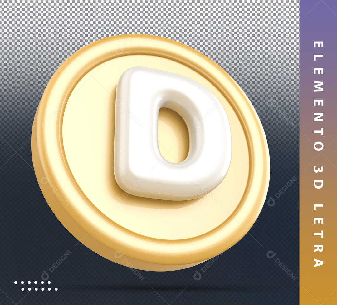 Elemento 3D Circular Dourado Letra D Branca Para Composição PSD