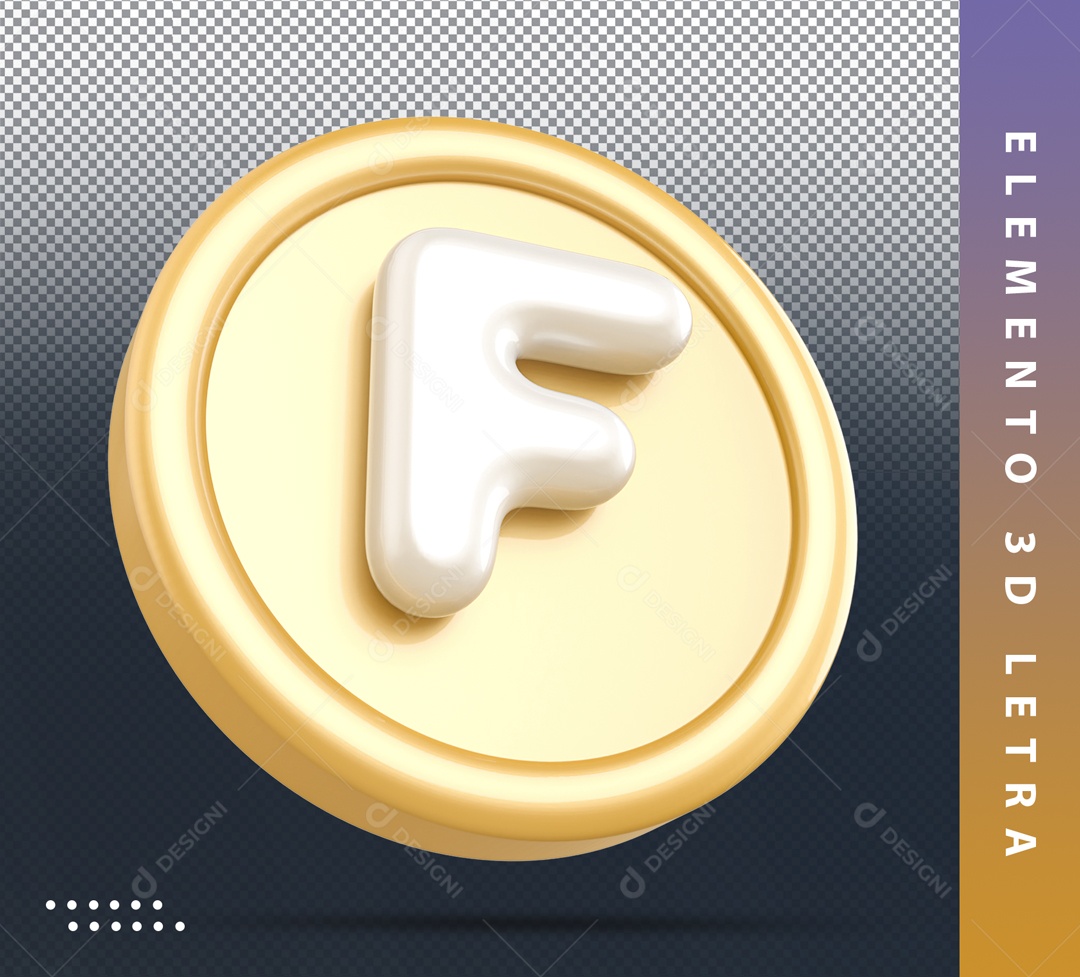 Elemento 3D Circular Dourado Letra F Branca Para Composição PSD