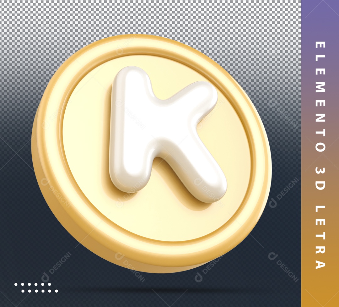 Elemento 3D Circular Dourado Letra K Branca Para Composição PSD