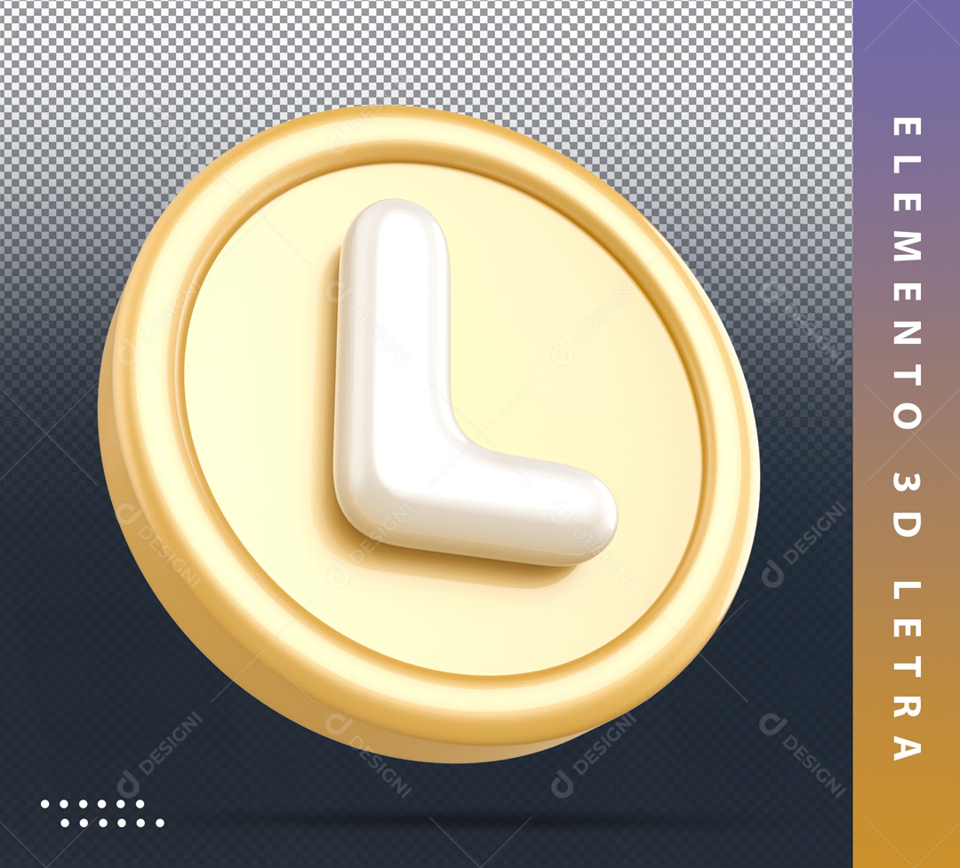 Elemento 3D Circular Dourado Letra L Branca Para Composição PSD