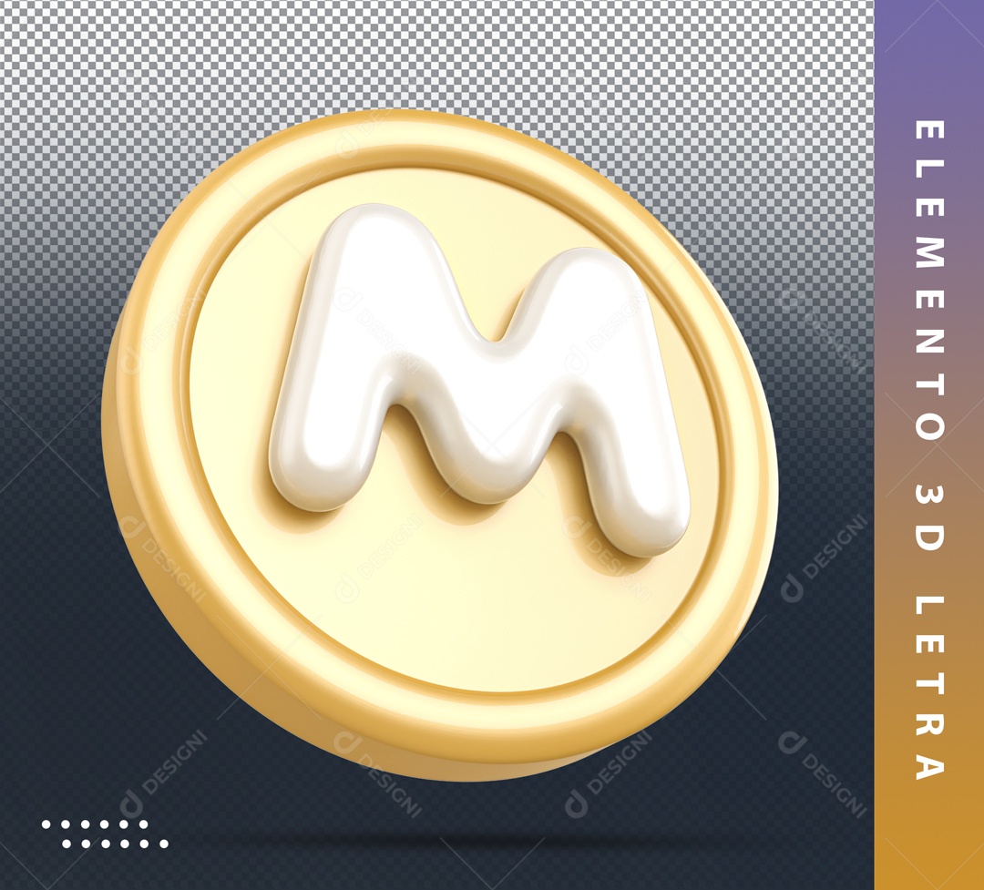 Elemento 3D Circular Dourado Letra M Branca Para Composição PSD