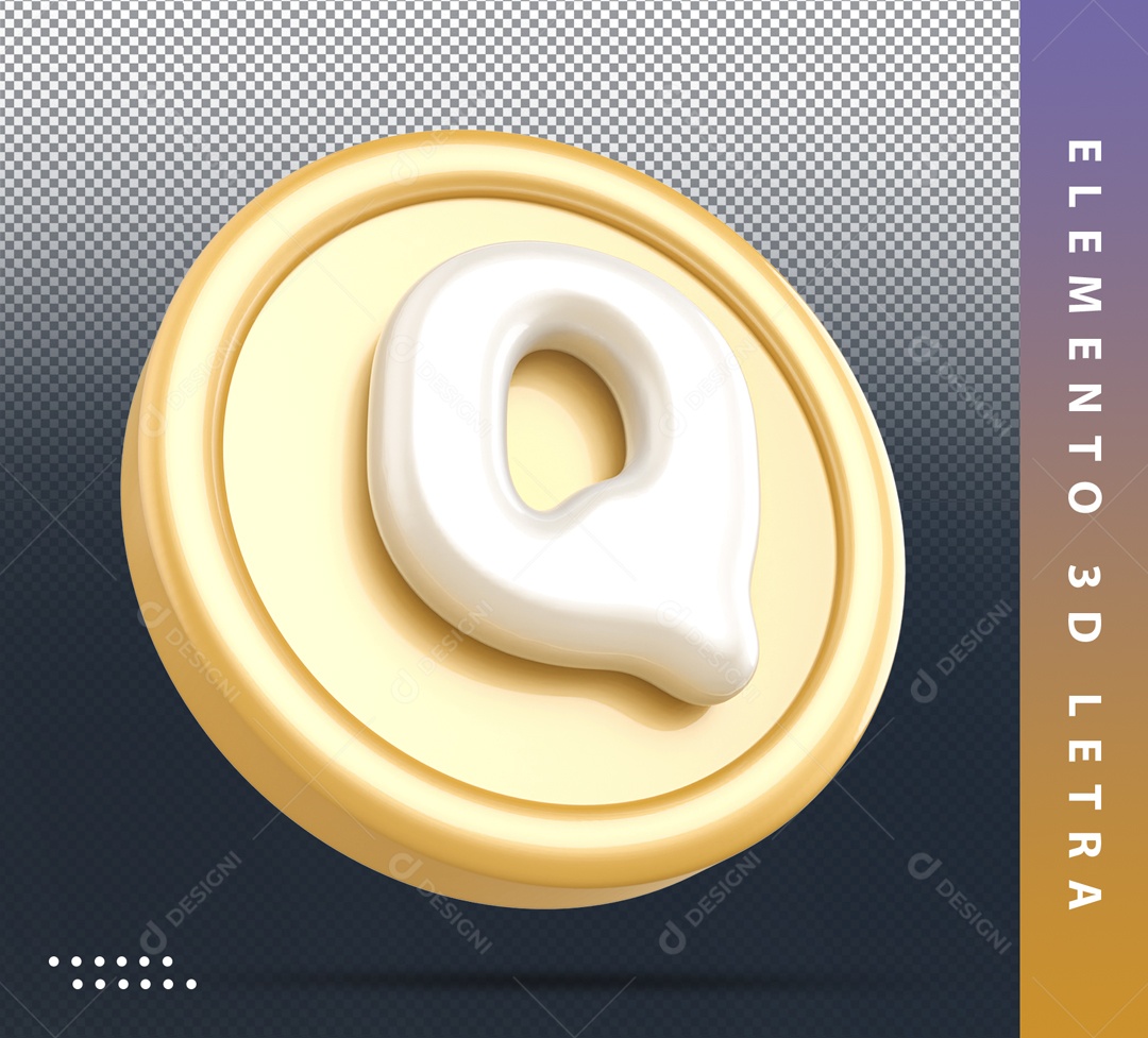 Elemento 3D Circular Dourado Letra Q Branca Para Composição PSD
