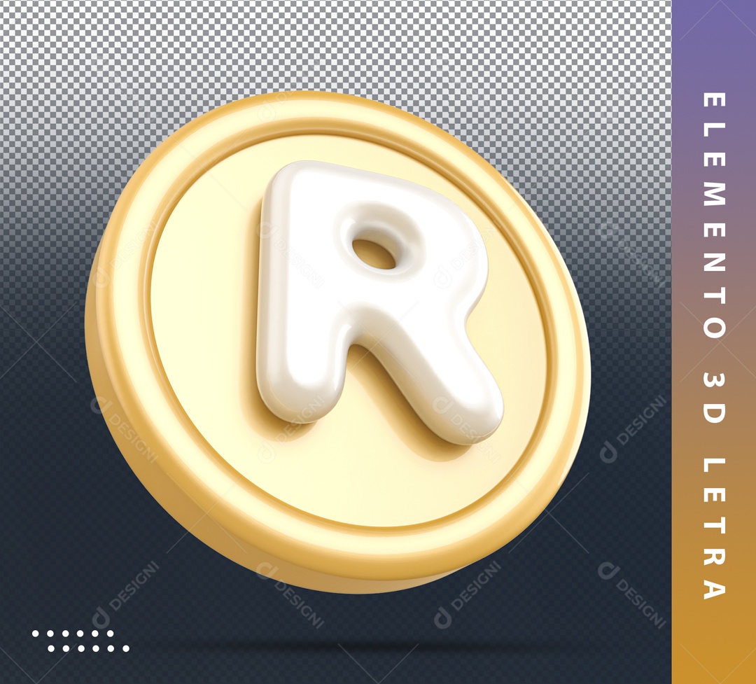 Elemento 3D Circular Dourado Letra R Branca Para Composição PSD