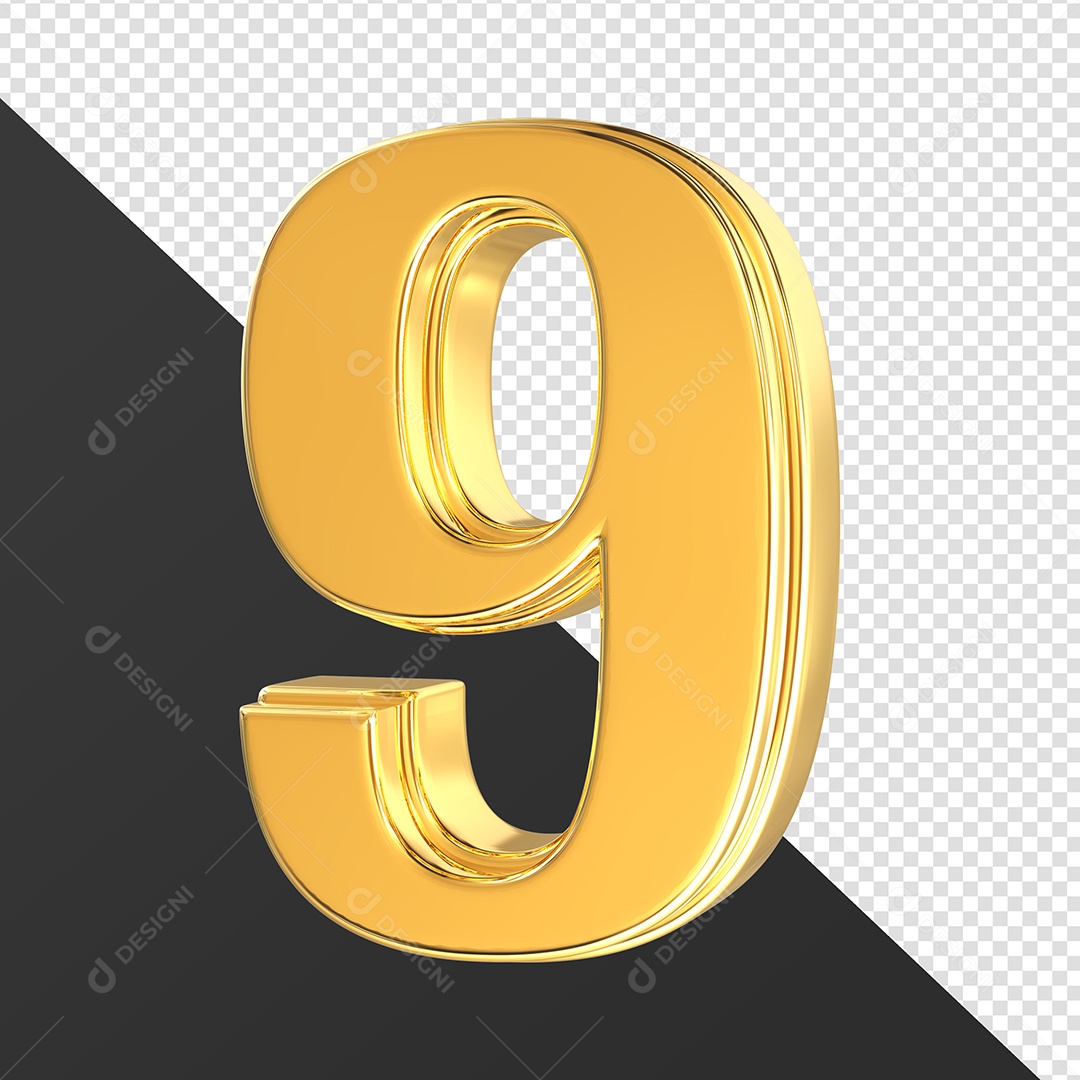 Numero 9 Dourado Elemento 3D Para Composição PSD