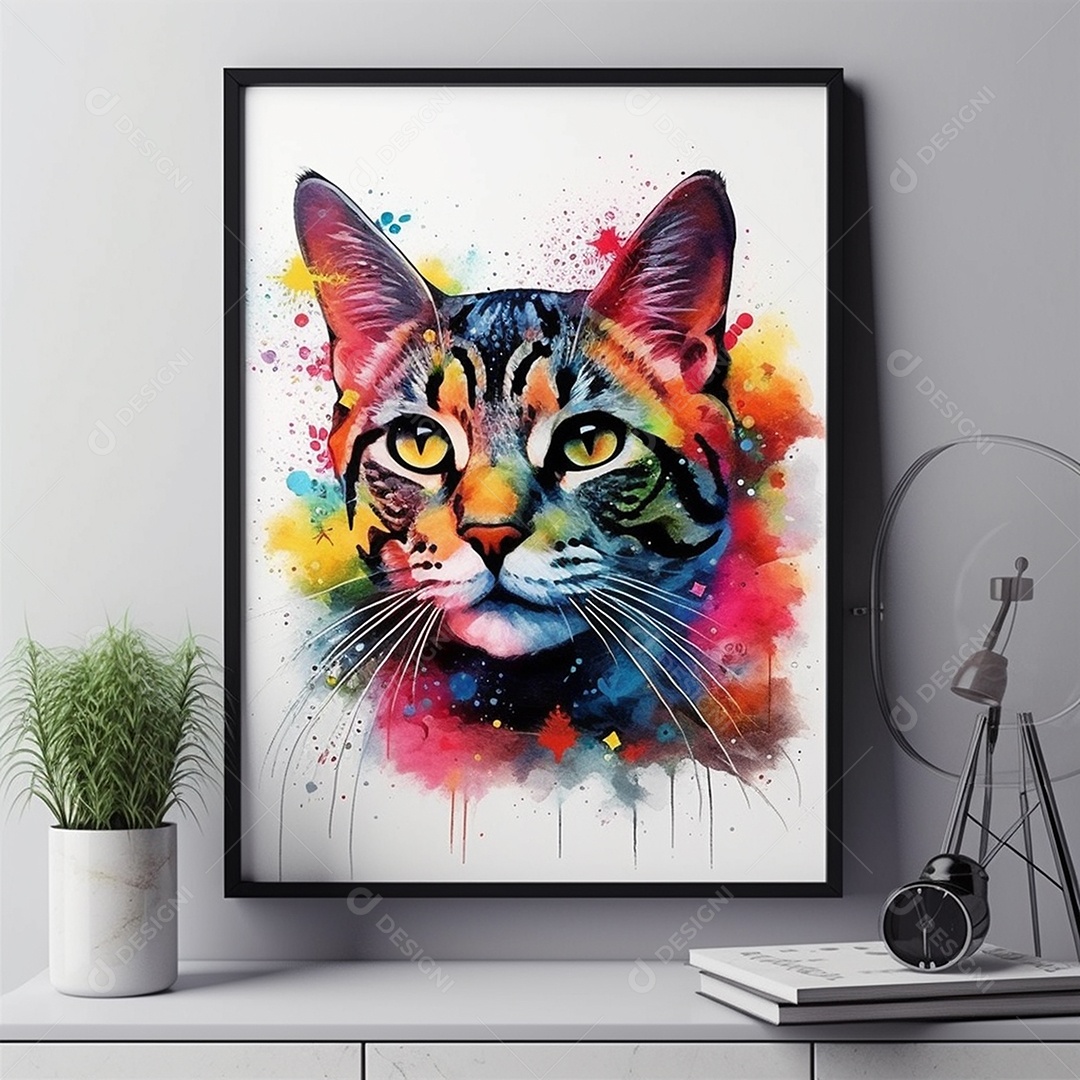 Retrato de gato com pintura colorida abstrata na parede