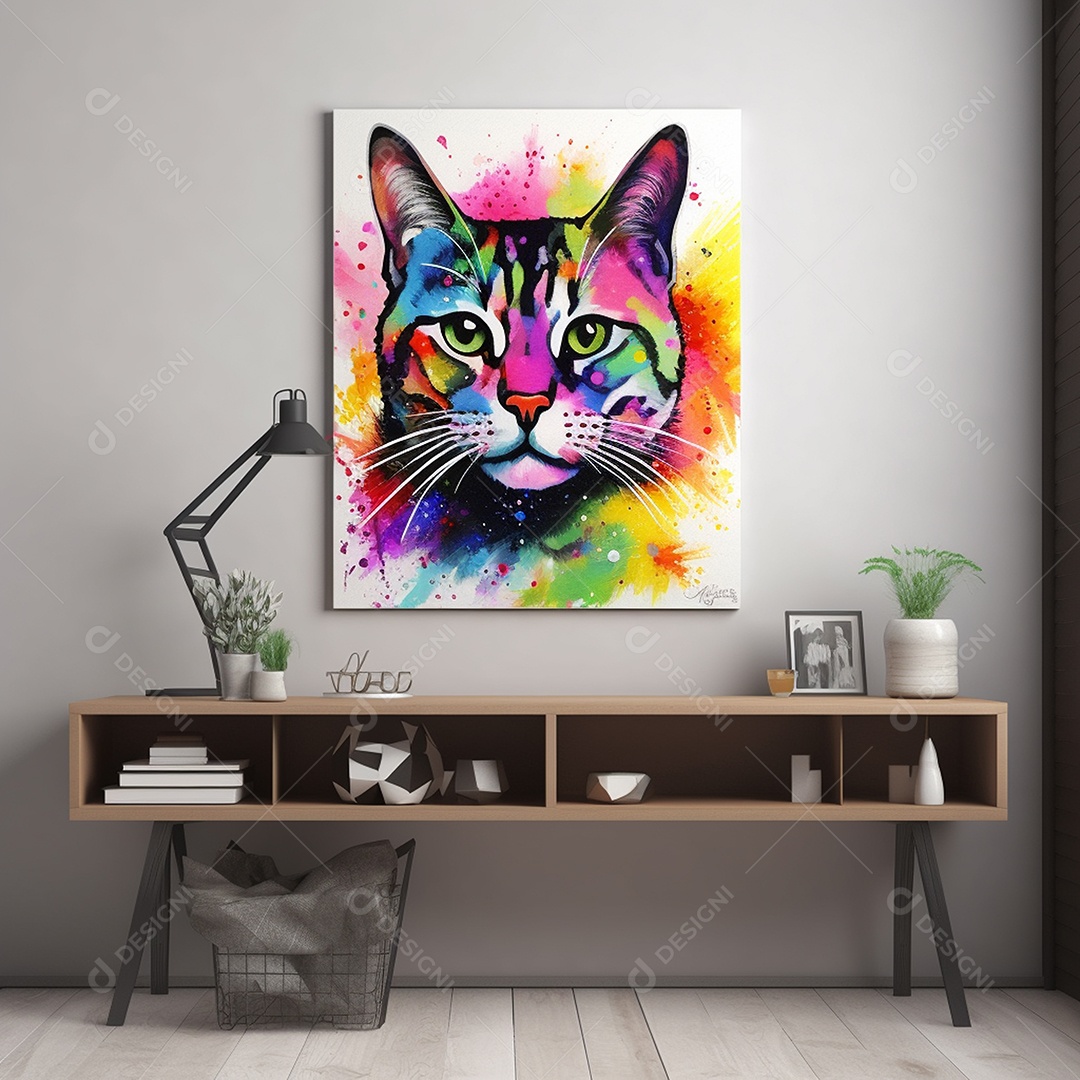 Retrato de gato com pintura colorida abstrata na parede