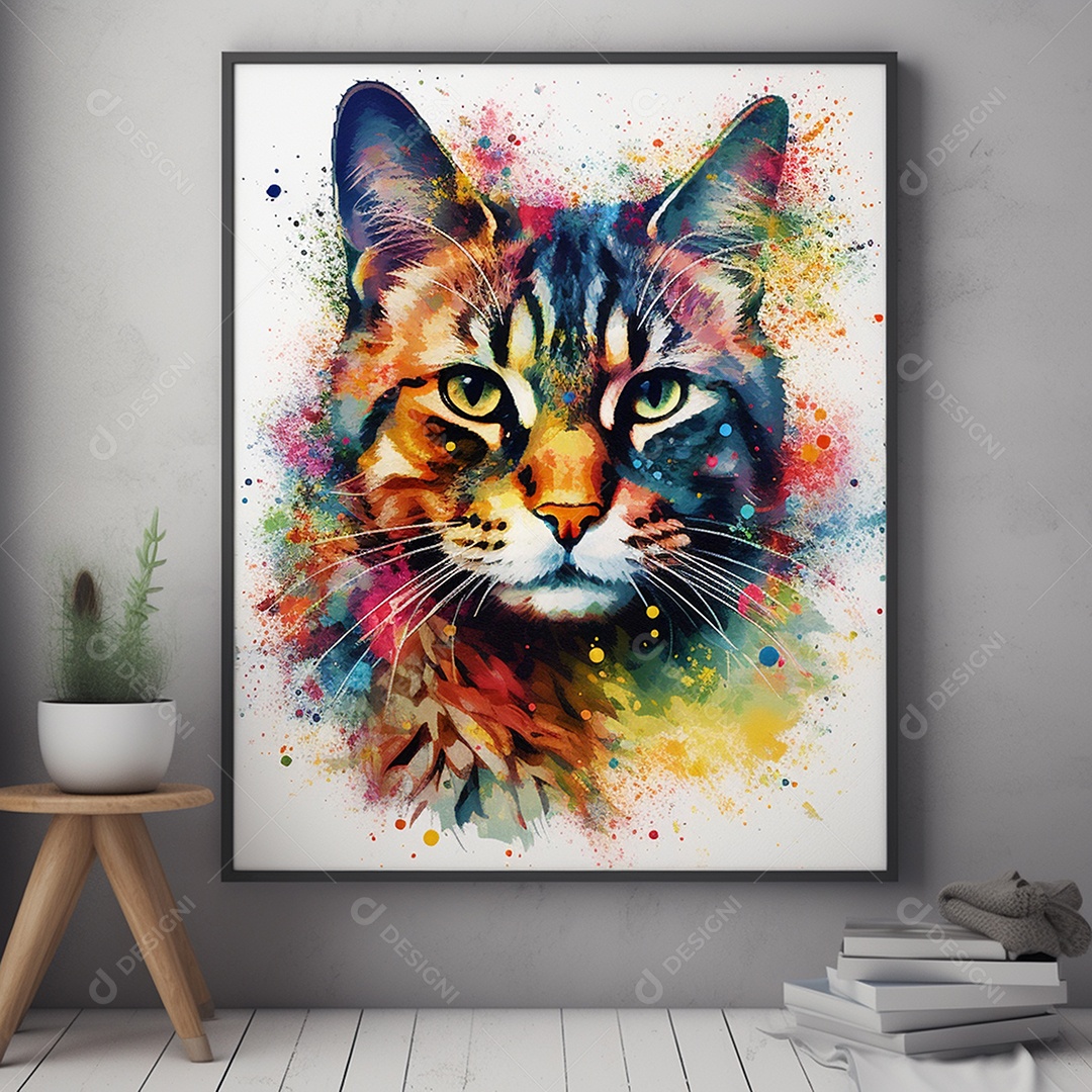 Retrato de gato com pintura colorida abstrata na parede