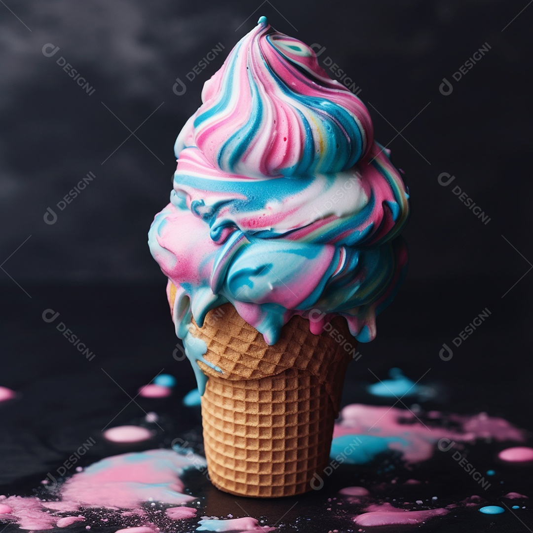 Sorvete de morango em um cone de waffle em um fundo escuro