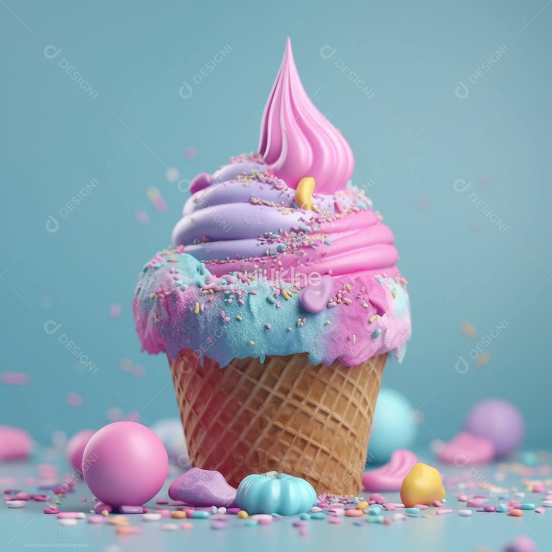 Sorvete no cone de waffle sobre fundo azul.