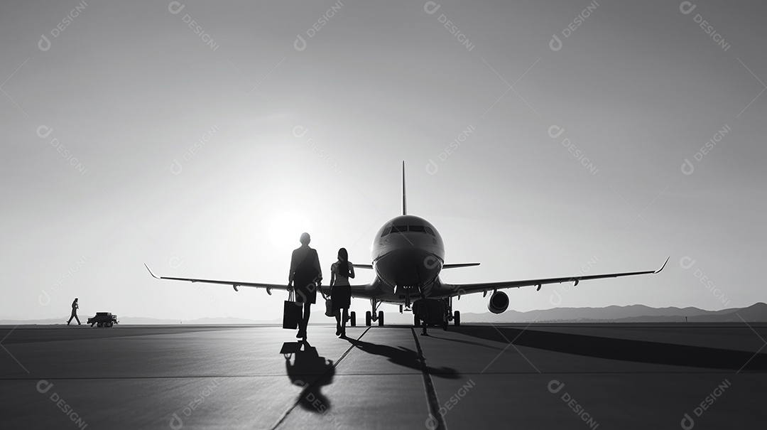 Avião pousando no aeroporto durante a vista do pôr do sol
