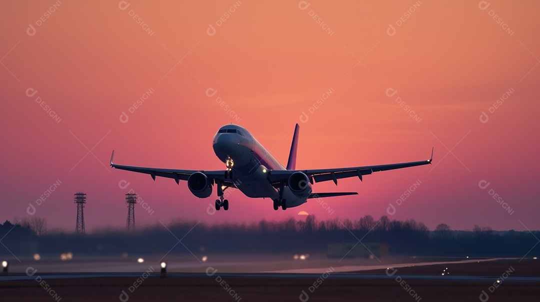 Avião pousando no aeroporto durante a vista do pôr do sol