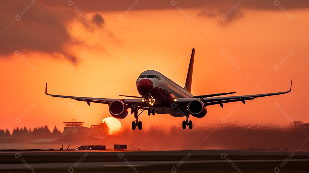 Avião pousando no aeroporto durante a vista do pôr do sol