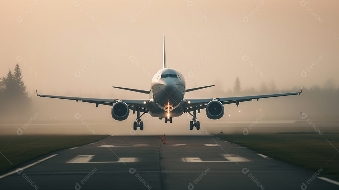 Avião pousando no aeroporto durante a vista do pôr do sol