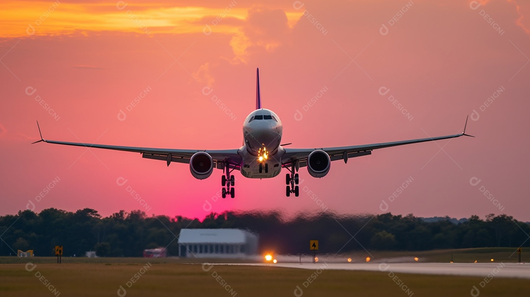 Avião pousando no aeroporto durante a vista do pôr do sol