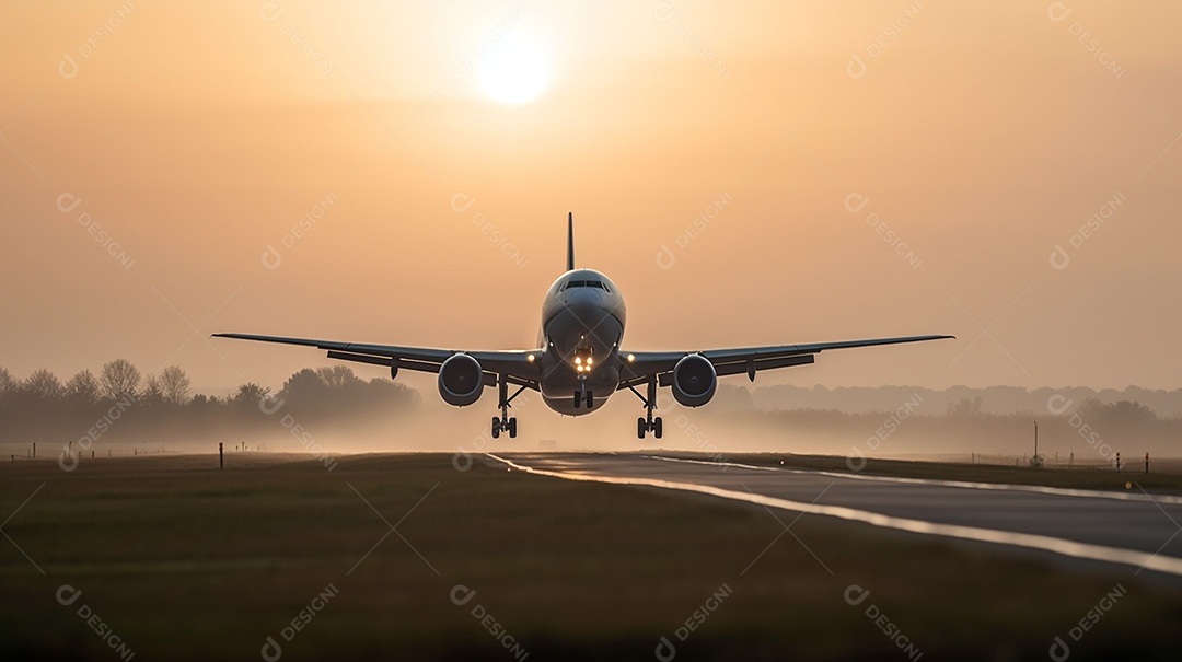 Avião pousando no aeroporto durante a vista do pôr do sol
