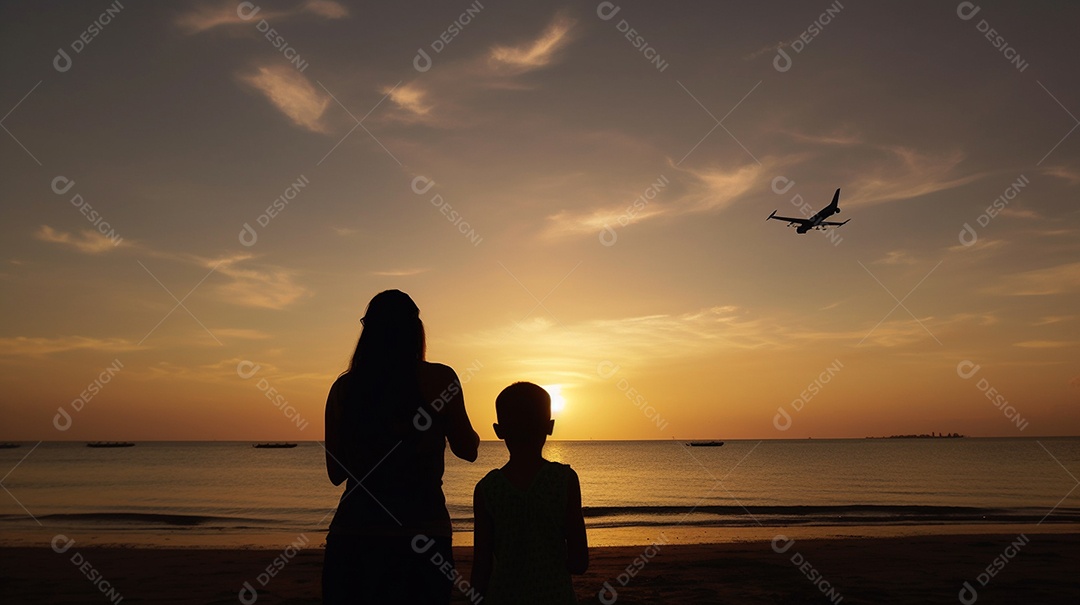Silhueta de uma família olhando para o avião