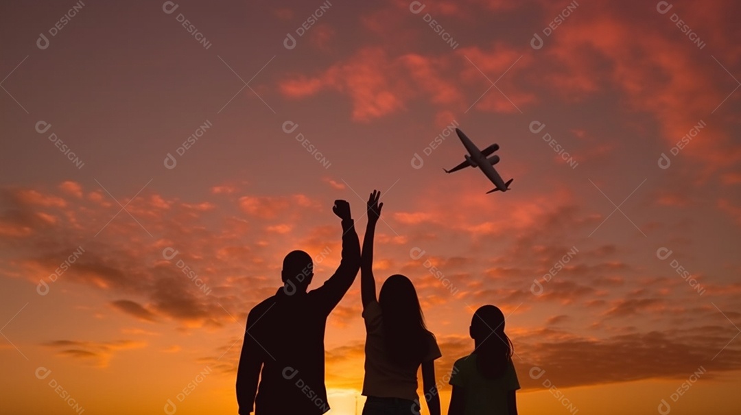 Silhueta de uma família olhando para o avião