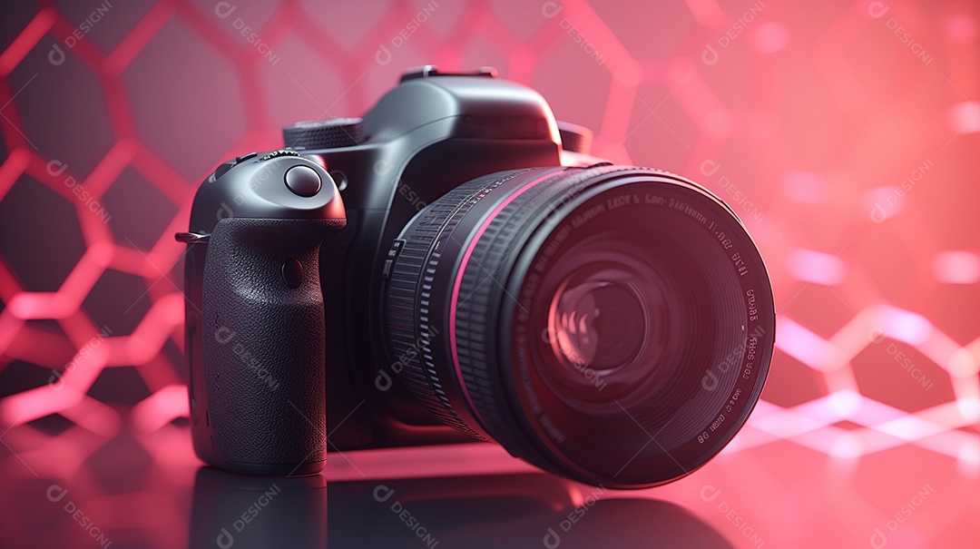 Câmera profissional em fundo colorido