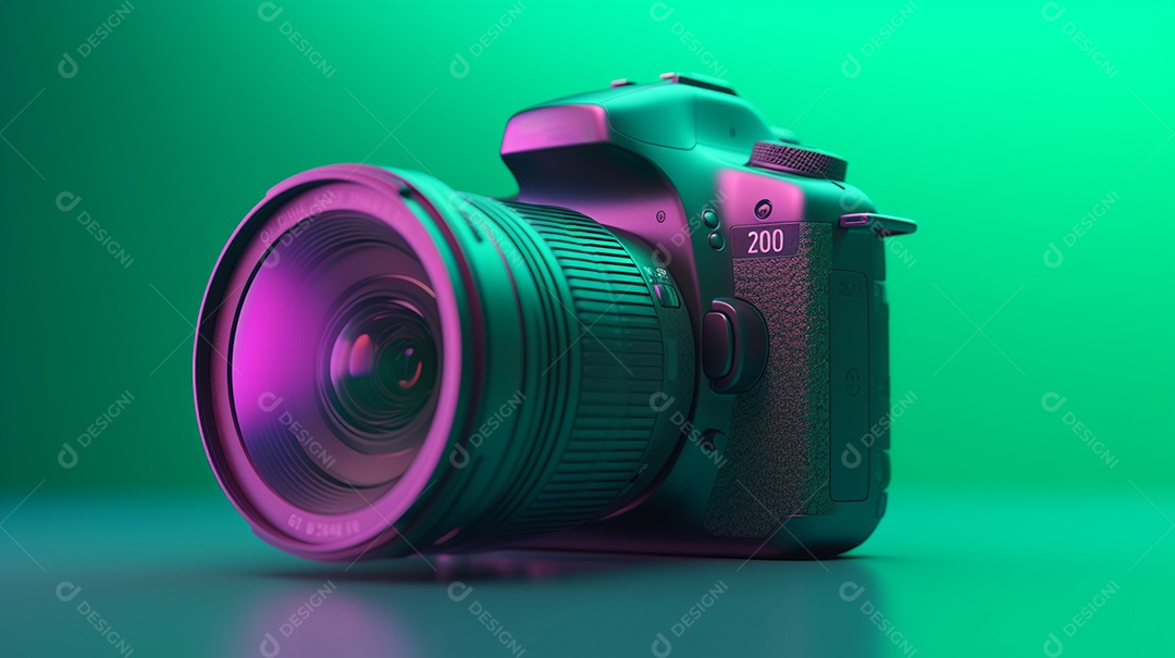 Câmera profissional em fundo colorido