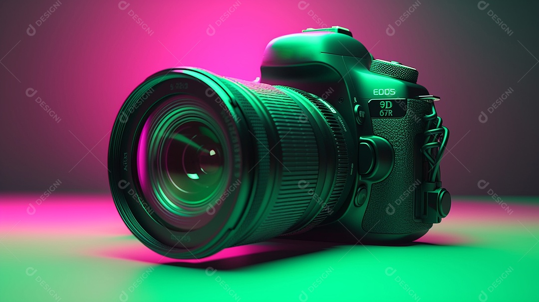 Câmera profissional em fundo colorido