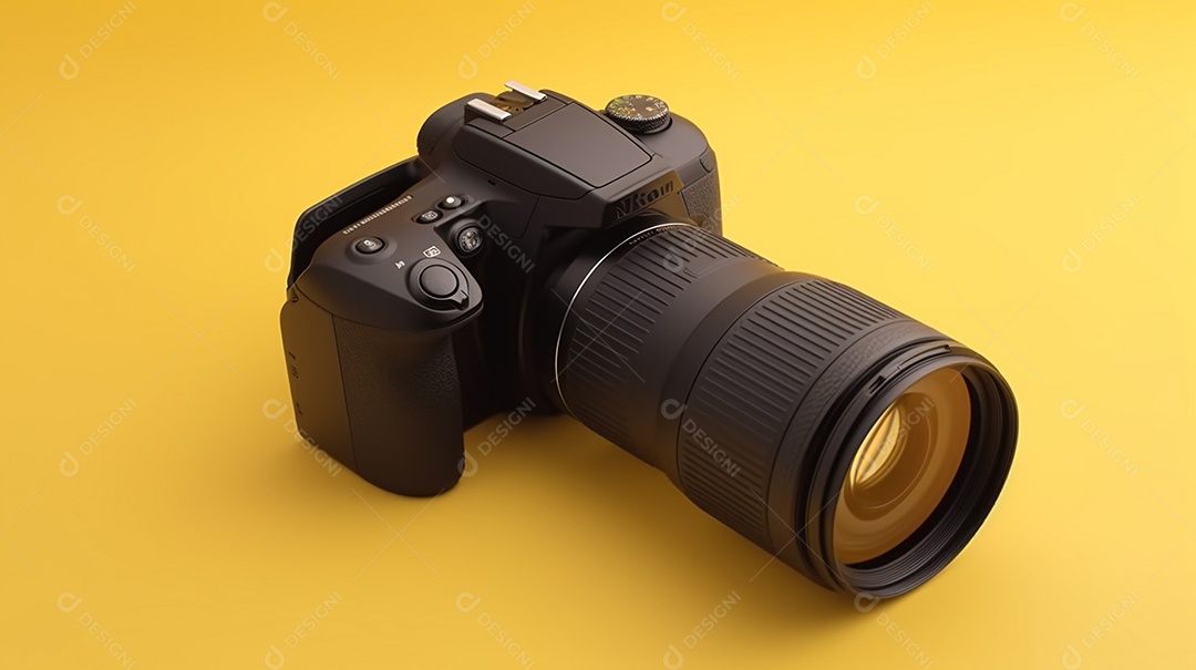 Câmera profissional em fundo colorido