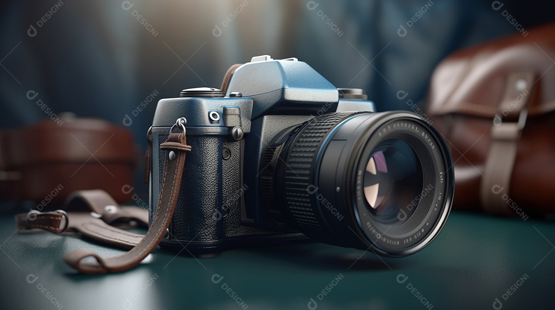 Câmera profissional em fundo colorido