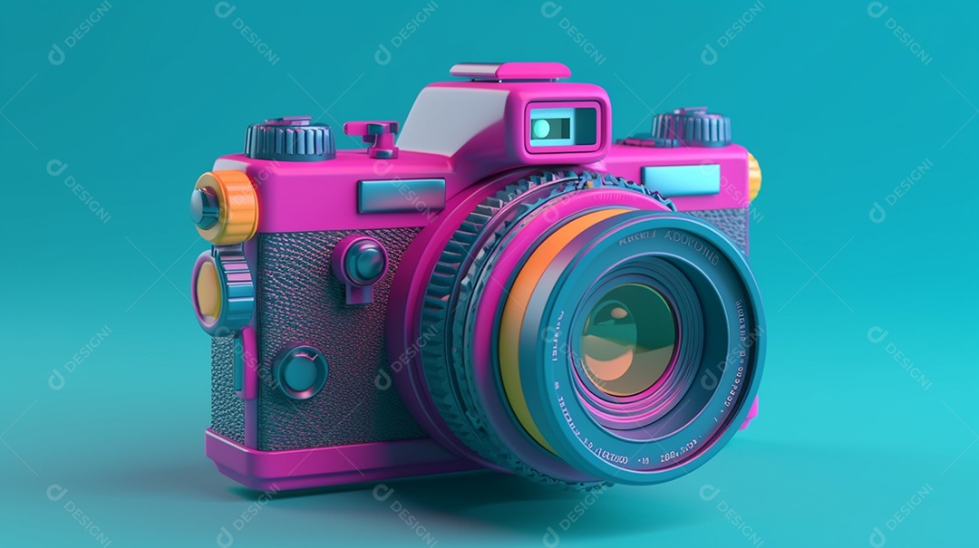 Câmera profissional em fundo colorido