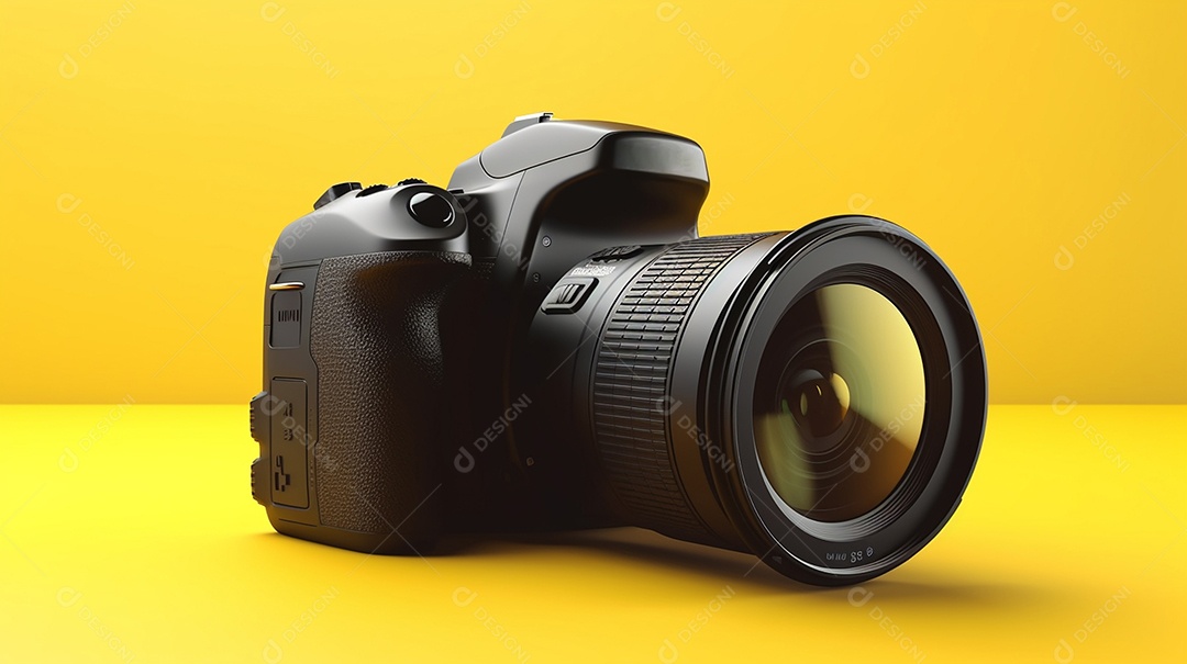 Câmera profissional em fundo colorido