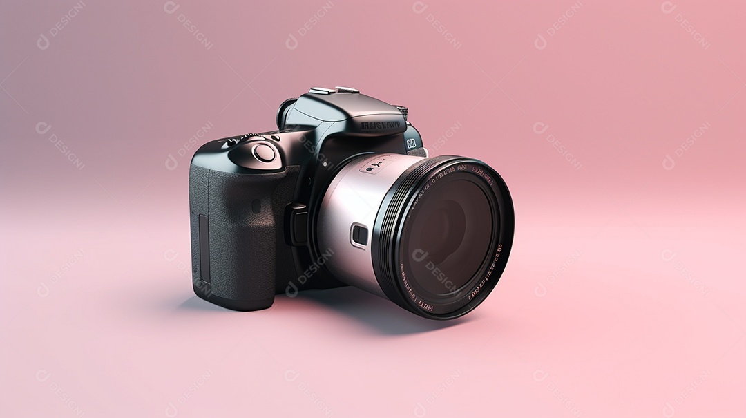Câmera profissional em fundo colorido