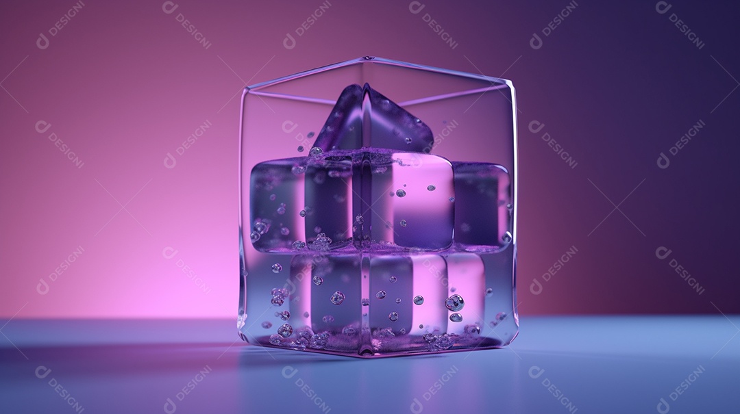 Cubo de gelo com água cai sobre um fundo roxo.