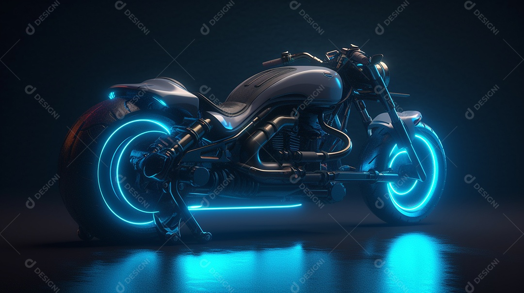Renderização em 3D de uma motocicleta com luzes de néon azuis em um fundo escuro