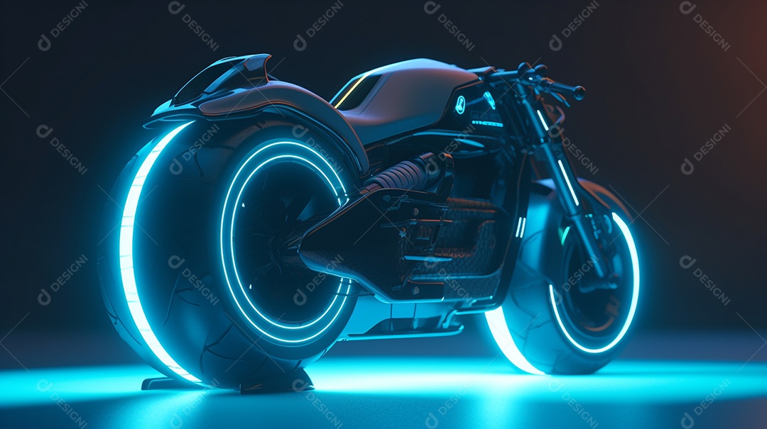 Renderização em 3D de uma motocicleta com luzes de néon azuis em um fundo escuro