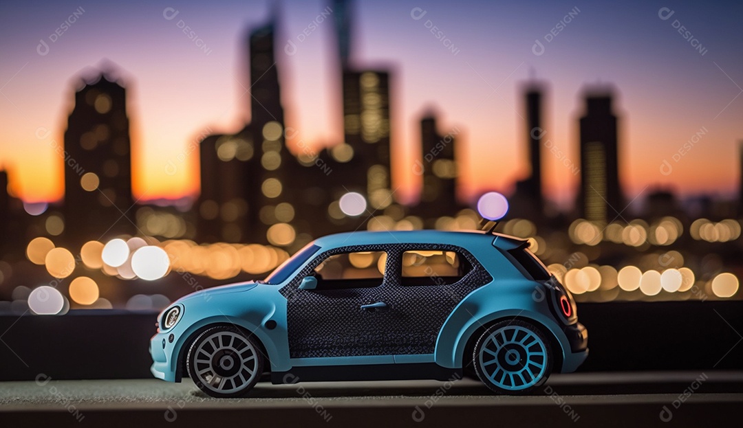 Carro de brinquedo em miniatura na cidade à noite com fundo de paisagem urbana