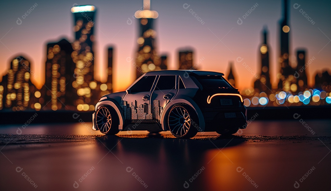 Carro de brinquedo em miniatura na cidade à noite com fundo de paisagem urbana