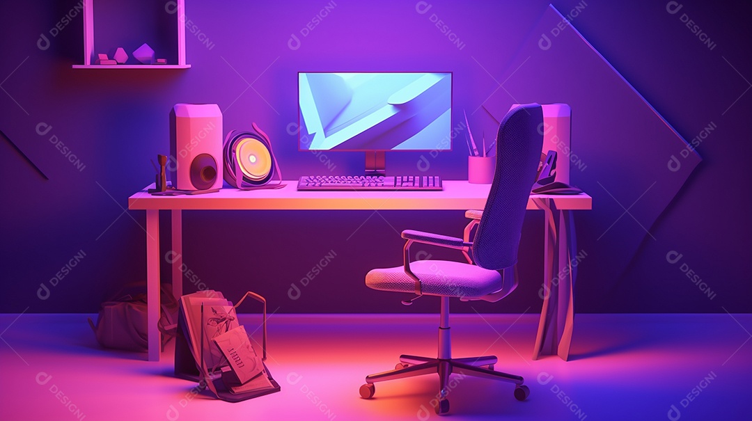 Ilustração 3d moderna da sala de jogos com todos os acessórios, cadeira de jogos