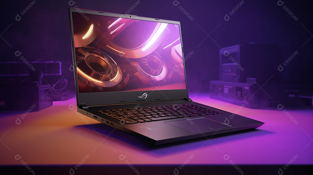 Close-up de laptop com papel de parede abstrato na tela de renderização em 3D