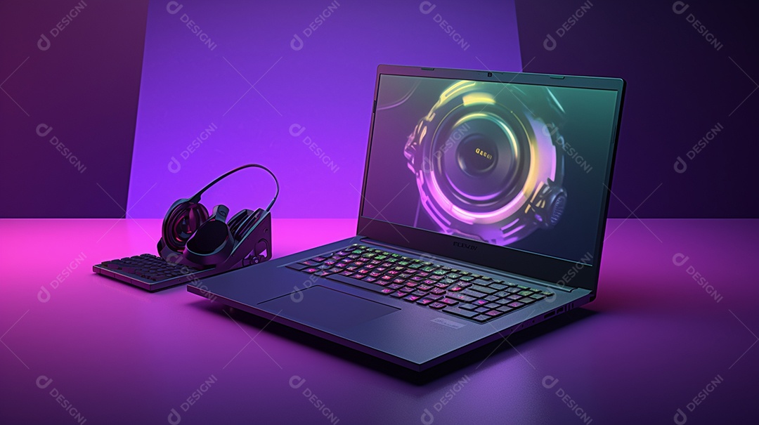 Close-up de laptop com papel de parede abstrato na tela de renderização em 3D