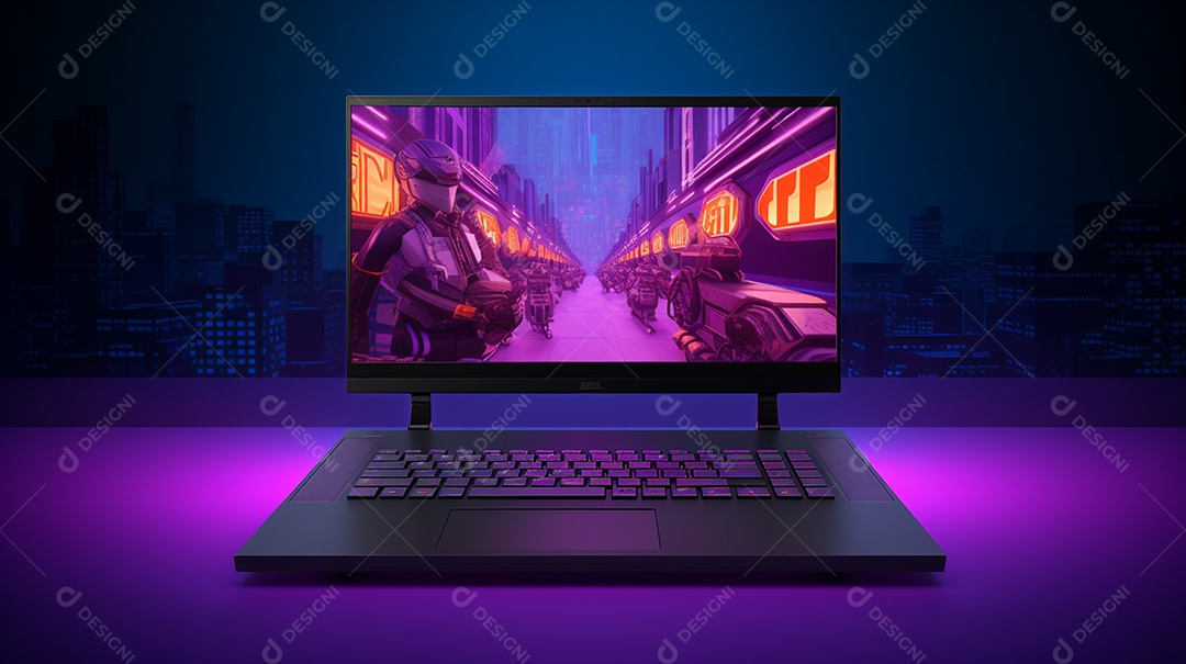 Close-up de laptop com papel de parede abstrato na tela de renderização em 3D