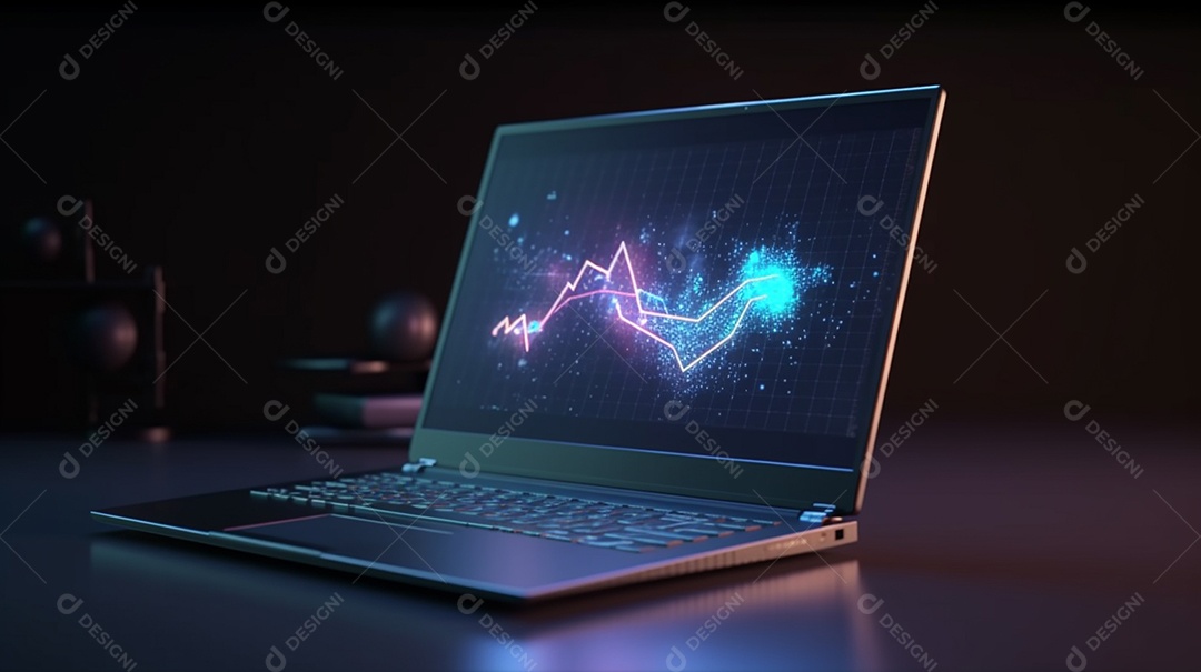 Close-up do laptop com linhas de tecnologia abstratas na renderização 3D da tela