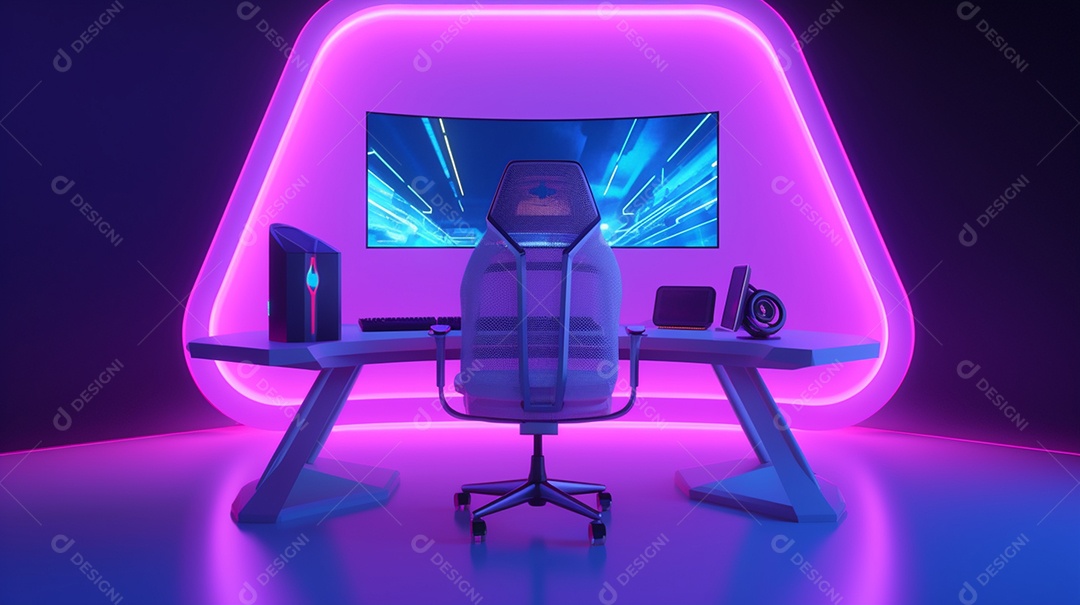 Ilustração 3d moderna da sala de jogos com todos os acessórios, cadeira de jogos